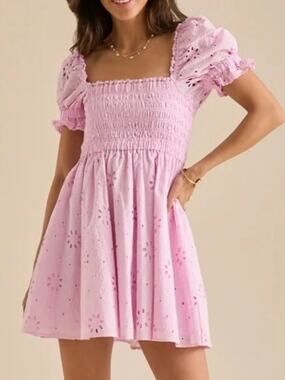 Arula Babydoll Dress Size 2X Pink Floral Cottage Core Smocked Bust Puff Sleeve